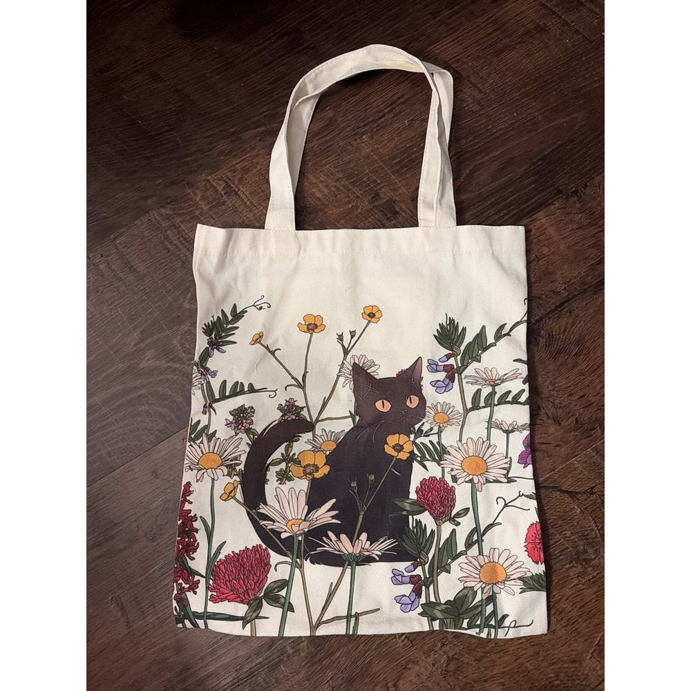 Black Cat Canvas Tote Floral Daisy Wildflower 13.5x15 in Book bag Librarian Boho